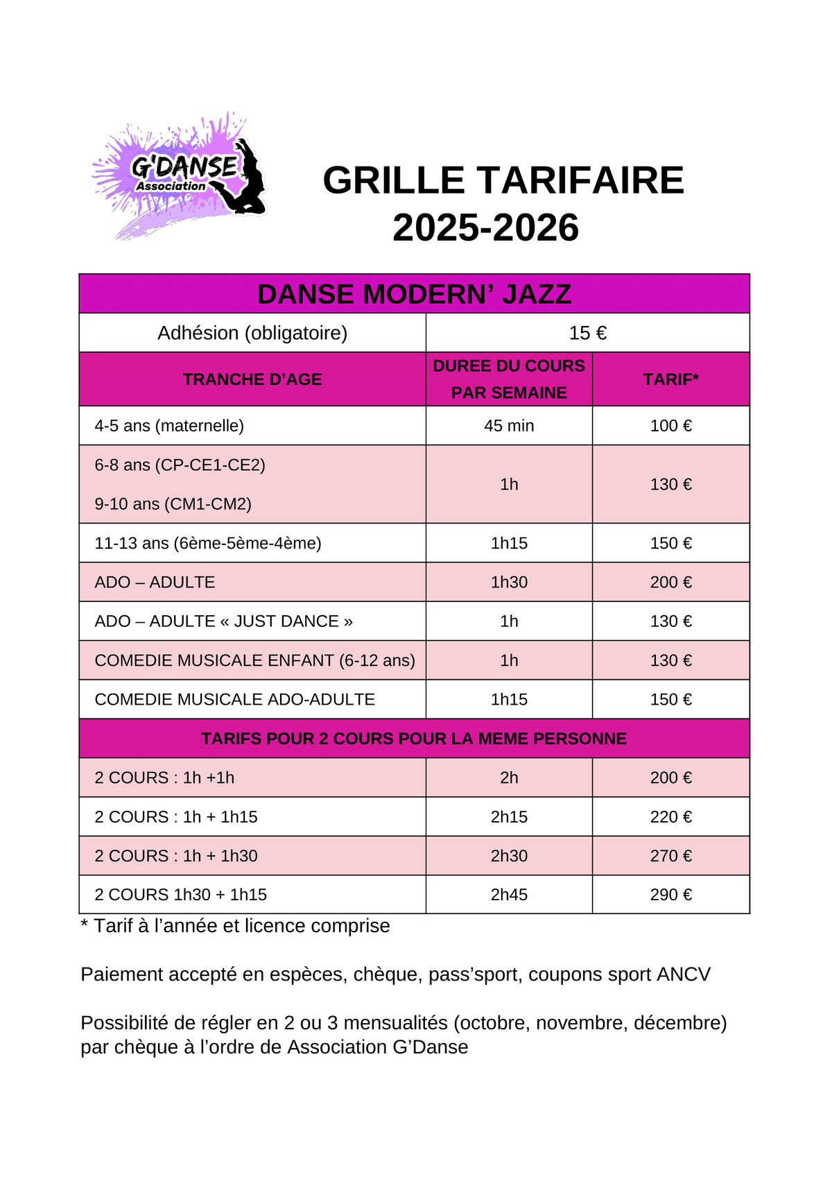 G'Dance tarif May 2025